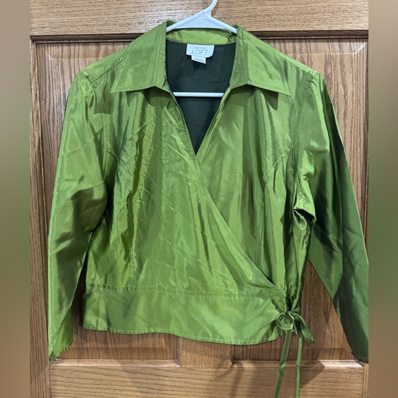 Vintage Tops - Vintage Chartreuse Silk Wrap Top 100% Silk Cropped Tie Waist Blouse